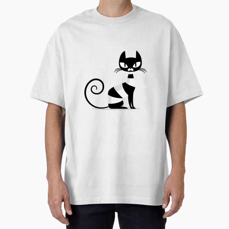 Black Cat Sitting Cartoon Oversized T-Shirt