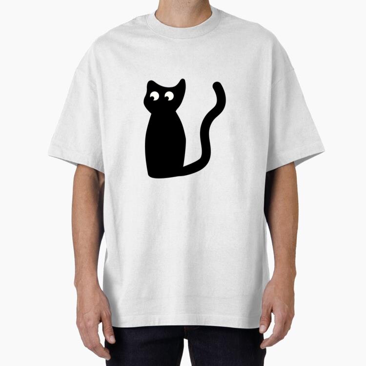 Black Cat Sitting Illustration Oversized T-Shirt