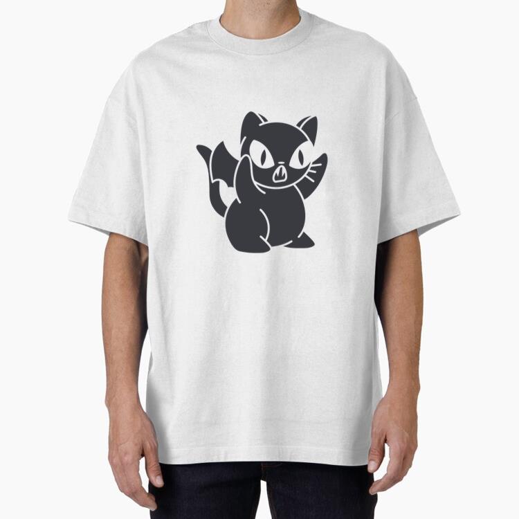 Cute Black Cat With Bat Wings And Fangs Design Oversized T-Shirt