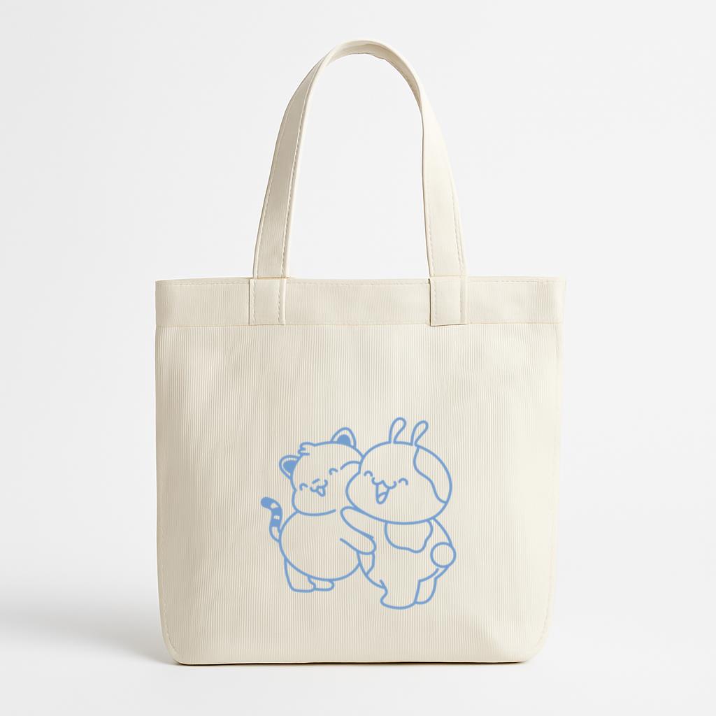 Cute Cartoon Cat And Bunny Hugging Canvas Tote Bag