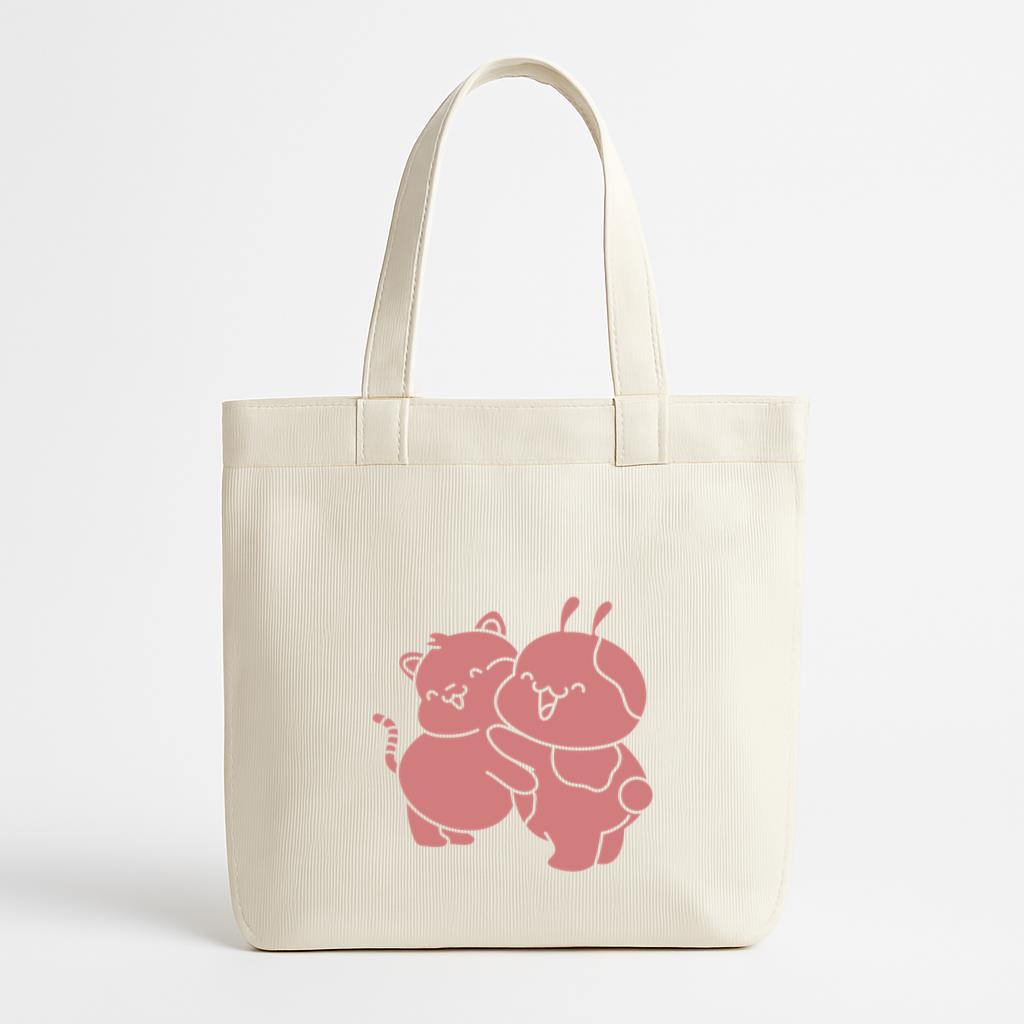 Cute Pink Cartoon Animals Hugging Canvas Tote Bag