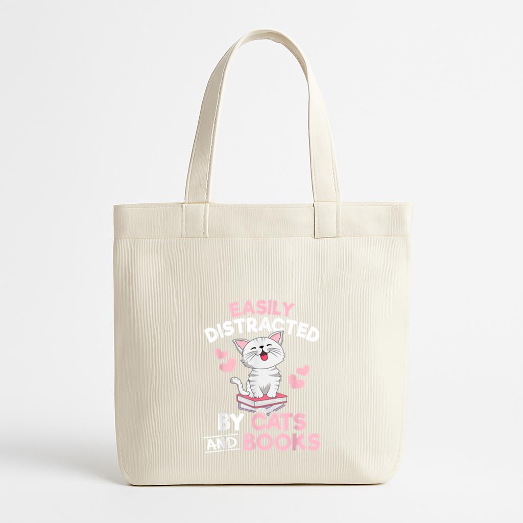 Easily Distracted By Cats And Books Cute Cat Canvas Tote Bag