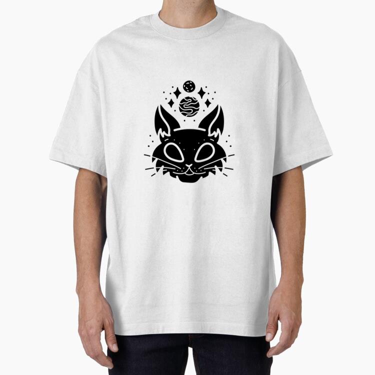 Futuristic Cat Design With Celestial Elements Oversized T-Shirt