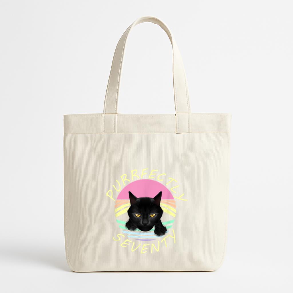 Purrfectly Seventy Black Cat Rainbow Canvas Tote Bag