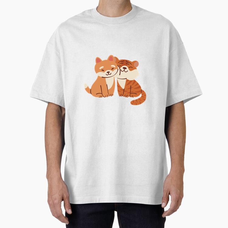 Two Tiger And Cat Together Oversized T-Shirt