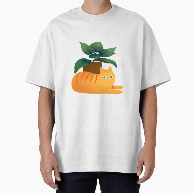 Watercolor Indoor Plant Cat Character Oversized T-Shirt