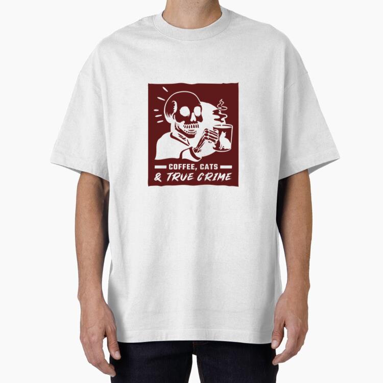Whimsical Skeleton Graphic With Coffee Cats And True Crime Theme Oversized T-Shirt